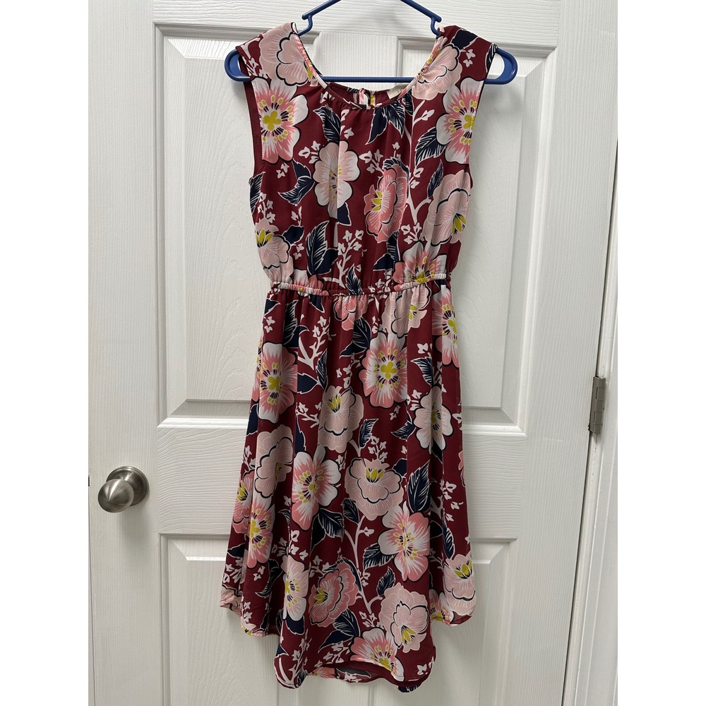 Loft Outlet Womens XS‎ Burgundy Floral Sleeveless Elastic Waist Fit Flare Dress